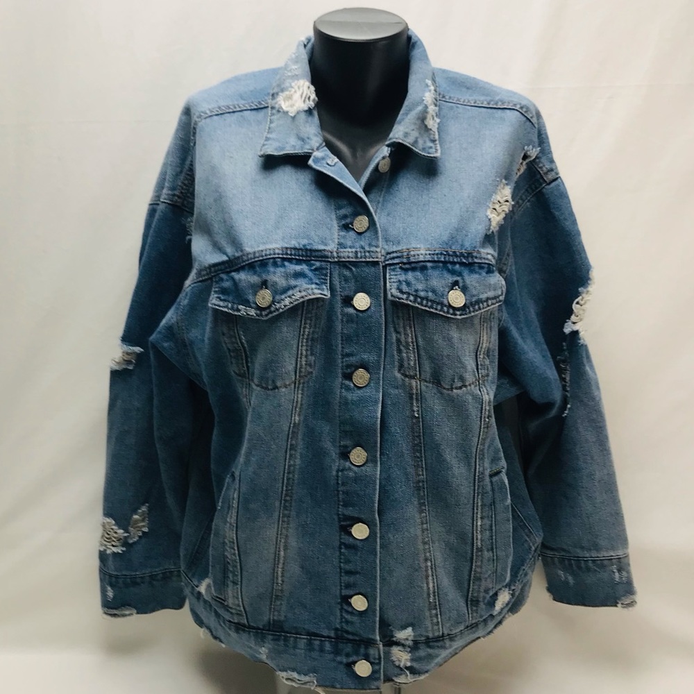 Refuge Shredded Distressed Jean Jacket Dolman Sleeves Size Women’s Large